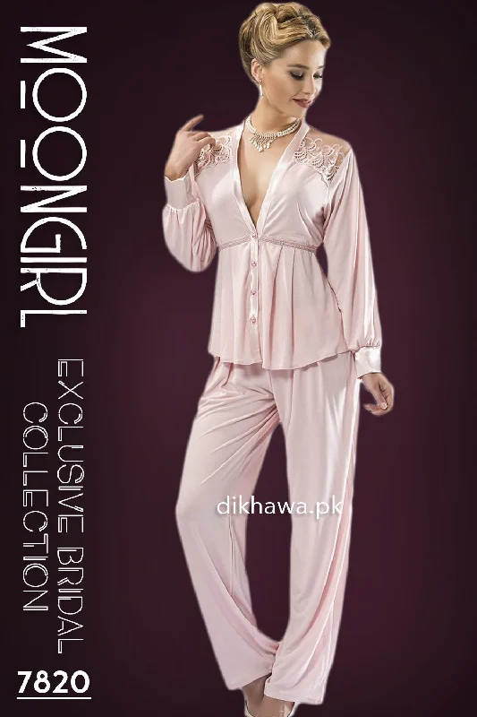 Moongirl - Exclusive Bridal Wedding Nightdress & 2Pc Pajama Set Rose Pink 7820 - Turkish Brand