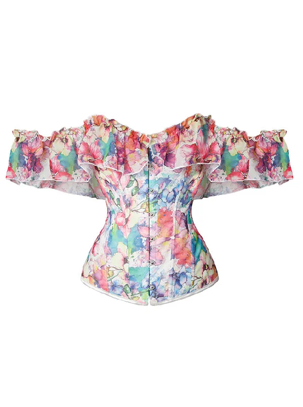 Adjustable - strap bustiers for a customized fitVictorian Retro Floral Print Off Shoulder Ruffles Plastic Boned Burlesque Corset