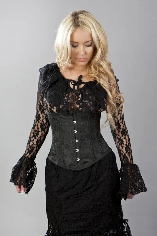 Sophisticated Double Steel Boned Underbust Corset In Black Blossom Brocade