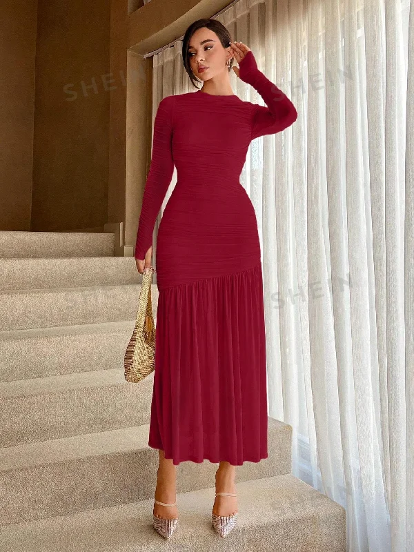 Women's Solid Color Round Neck Slim Fit Fishtail Hem Dress