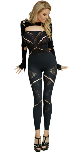 Silk stockings for a luxurious feelFull Long Sleeve Bodystocking with Cutouts