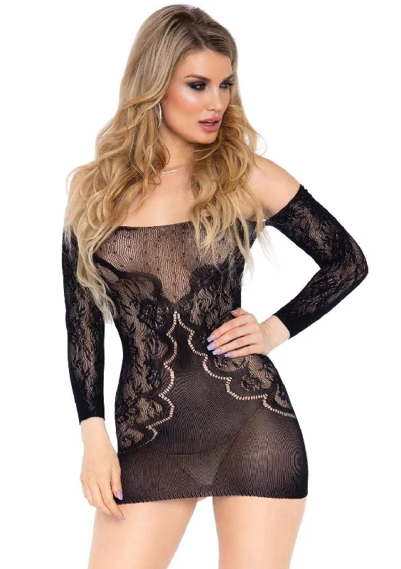 Sleeve Off the Shoulder Lace Mini Dress Black