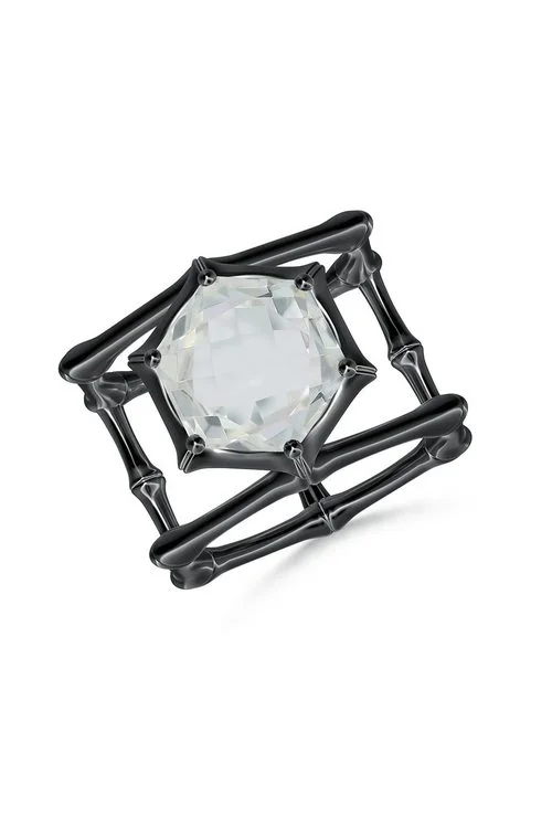 Affordable Lingerie for Women Indochine Midnight Silver & White Topaz Hexagon Double Band Cocktail Ring