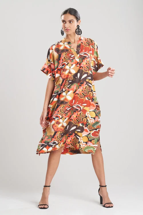 Ikebana Printed Cotton Silk Caftan Dress