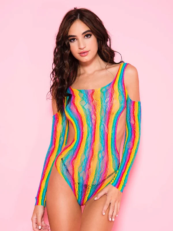 Full Coverage Lingerie for WomenOpen Shoulder Rainbow Teddy With Side Cut Outs - One Size