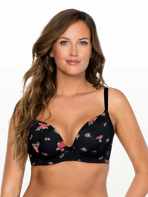 Casey Plunge Molded Bra - Black w Rose Print - 2801