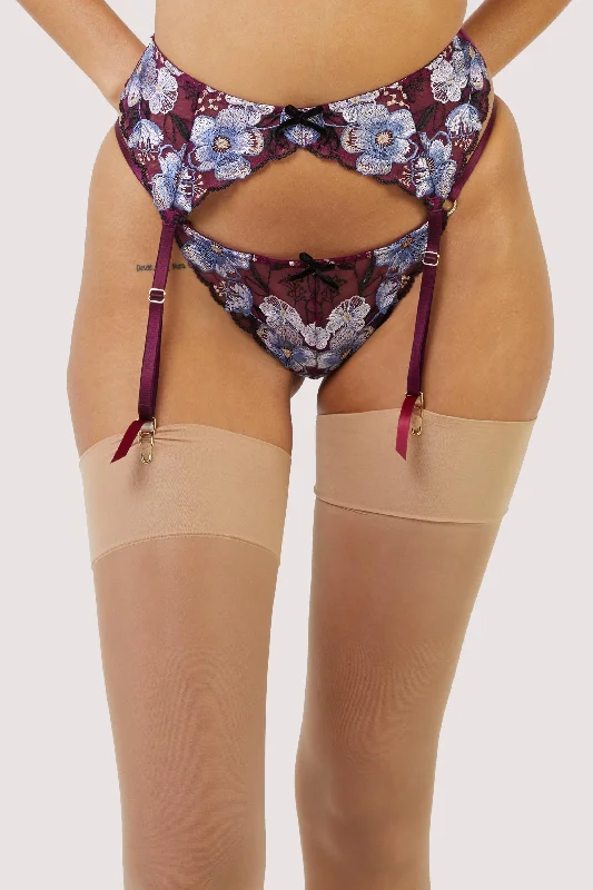 Women's polka - dot brasJoanna Burgundy Gold Embroidery Suspender Belt