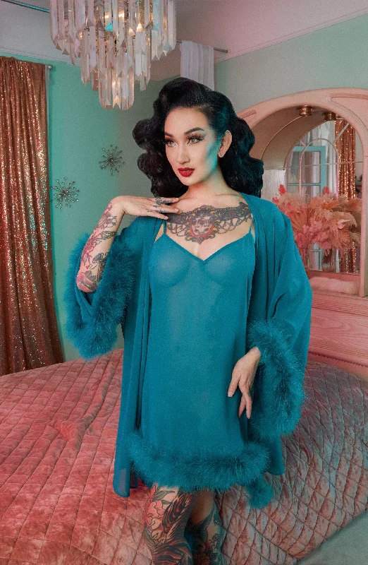 Teal Feather Trim Robe