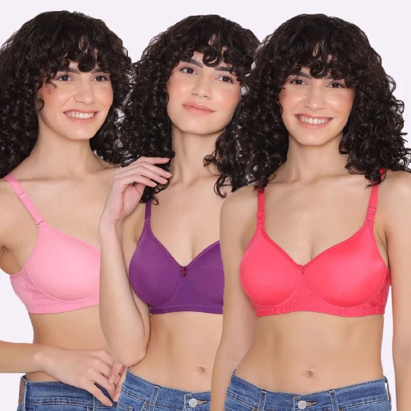 Bra with a nylon - lined cup for stretch and support Women's Padded and Non Wired Full Coverage T-Shirt Bra (Pack of 3)-LILY Bra with a nylon - lined cup for stretch and support Women's Padded and Non Wired Full Coverage T-Shirt Bra (Pack of 3)-LILY