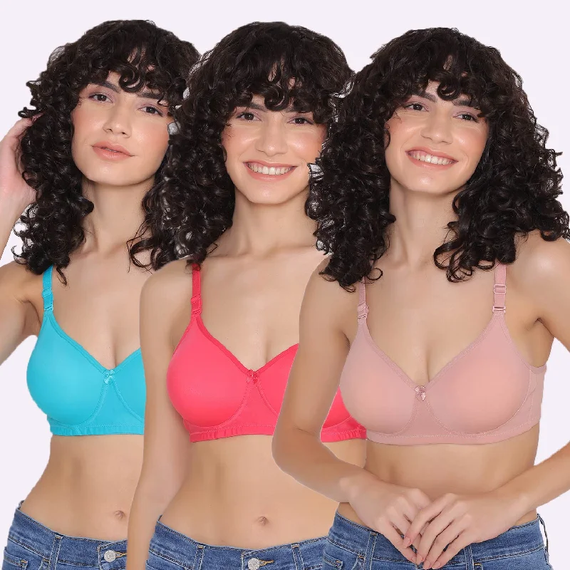 Bra with a bandeau style for a strapless and sleek look​ Women's Padded and Non Wired Full Coverage T-Shirt Bra (Pack of 3)-LILY