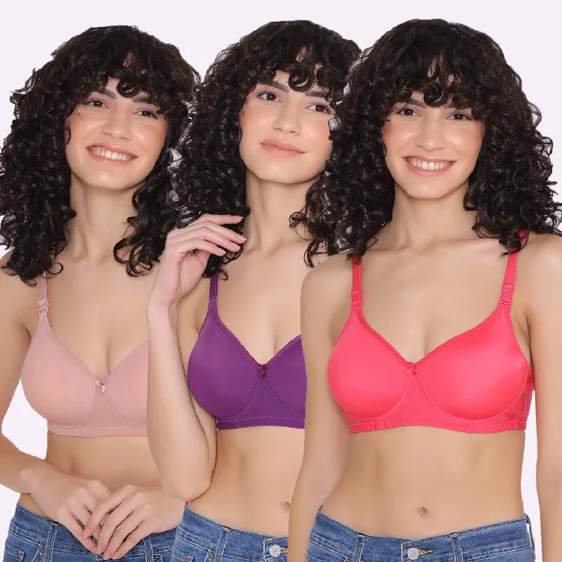 Bra with underbust support for better breast lift Women's Padded and Non Wired Full Coverage T-Shirt Bra (Pack of 3)-LILY Bra with underbust support for better breast lift Women's Padded and Non Wired Full Coverage T-Shirt Bra (Pack of 3)-LILY