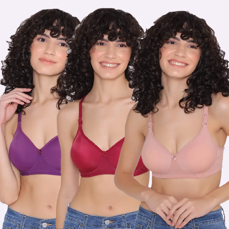 Bra with a lace - lined cup for a feminine and elegant look Women's Padded and Non Wired Full Coverage T-Shirt Bra (Pack of 3)-LILY Bra with a lace - lined cup for a feminine and elegant look Women's Padded and Non Wired Full Coverage T-Shirt Bra (Pack of 3)-LILY