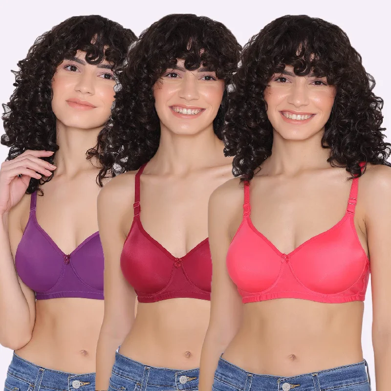 Bra with a cross - back strap design for a trendy look​ Women's Padded and Non Wired Full Coverage T-Shirt Bra (Pack of 3)-LILY