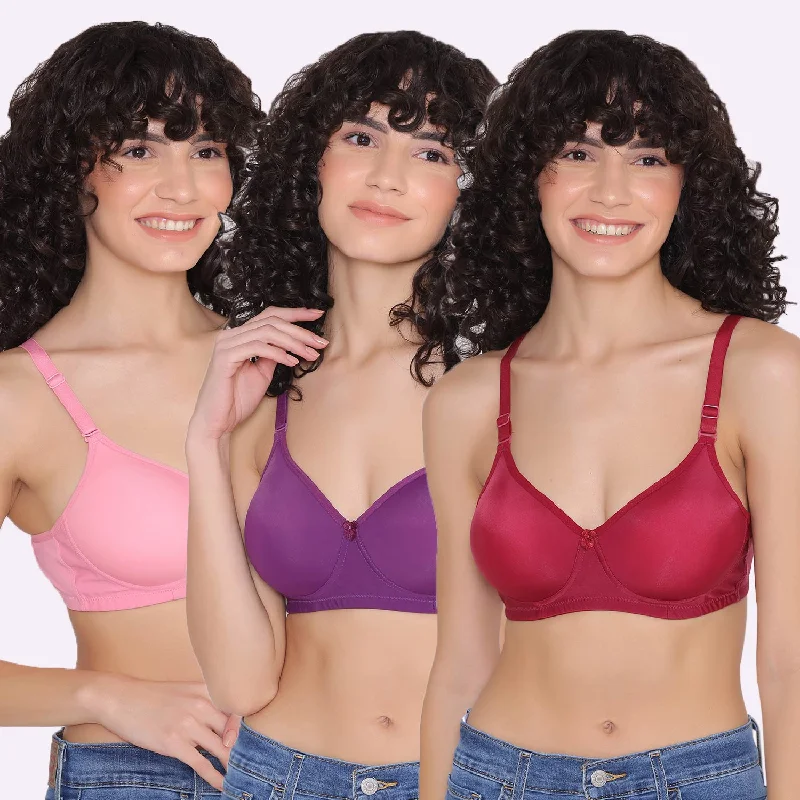 Bra with a textured fabric for added visual interest Women's Padded and Non Wired Full Coverage T-Shirt Bra (Pack of 3)-LILY Bra with a textured fabric for added visual interest Women's Padded and Non Wired Full Coverage T-Shirt Bra (Pack of 3)-LILY