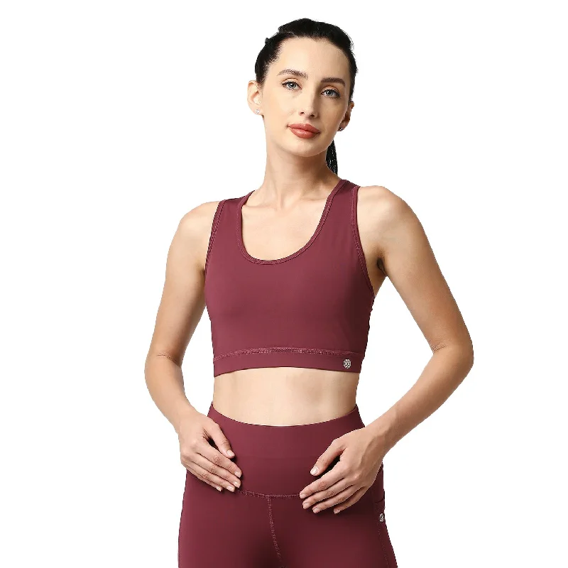 Bra with a high - cut cup for more coverage and support​ Medium Impact Racerback Sports Bra with Removable Cups- AT-1