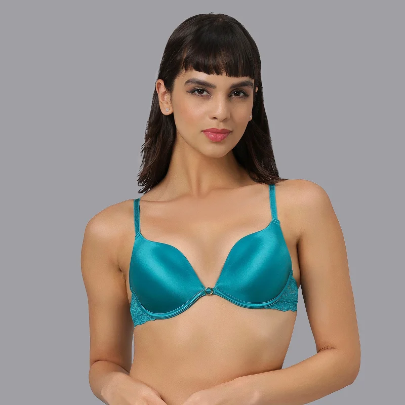 Bra with underbust support for better breast lift​ Padded Wired Medium Coverage Push Up Lace Back Plunge Bra