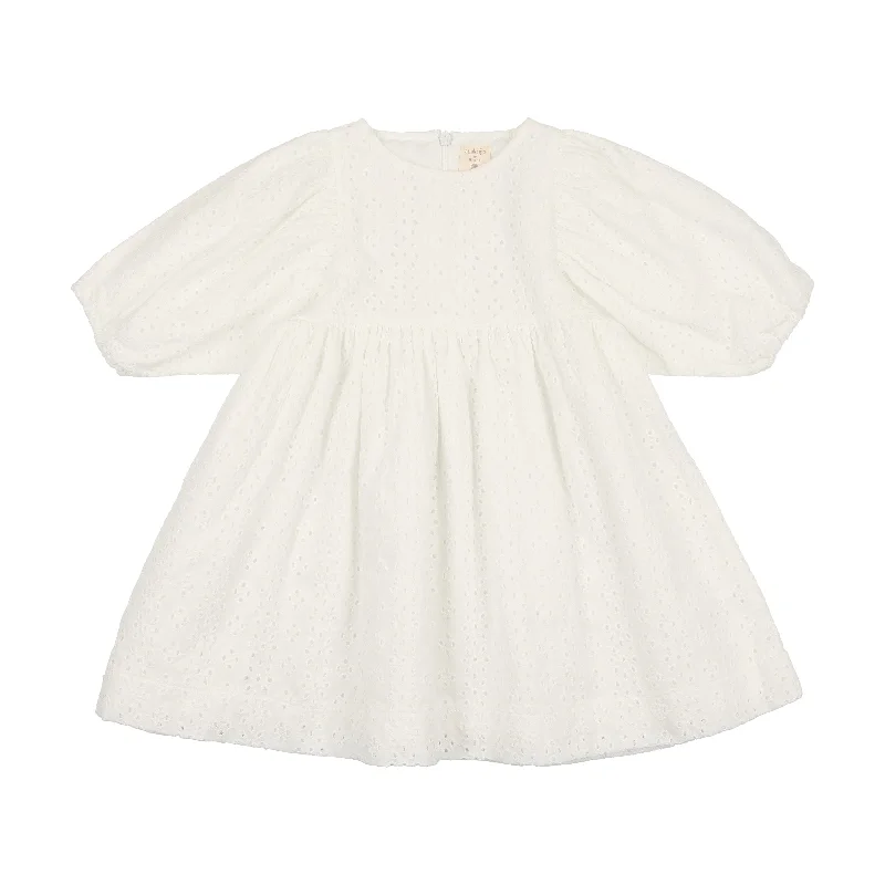 Analogie Gathered Dress Three Quarter Sleeve - White Eyelet