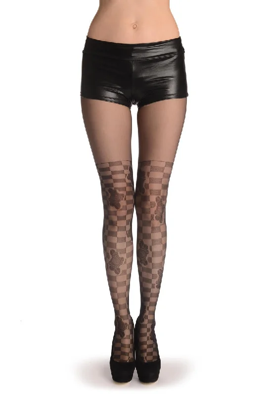 Black Checkered With Woven Roses Faux Stockings 40 Den