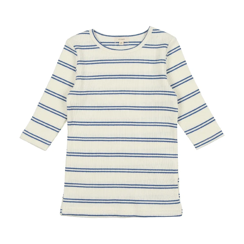 Lil Legs Big Girls T-Shirt Three Quarter Sleeve - White/Royal Blue Stripe