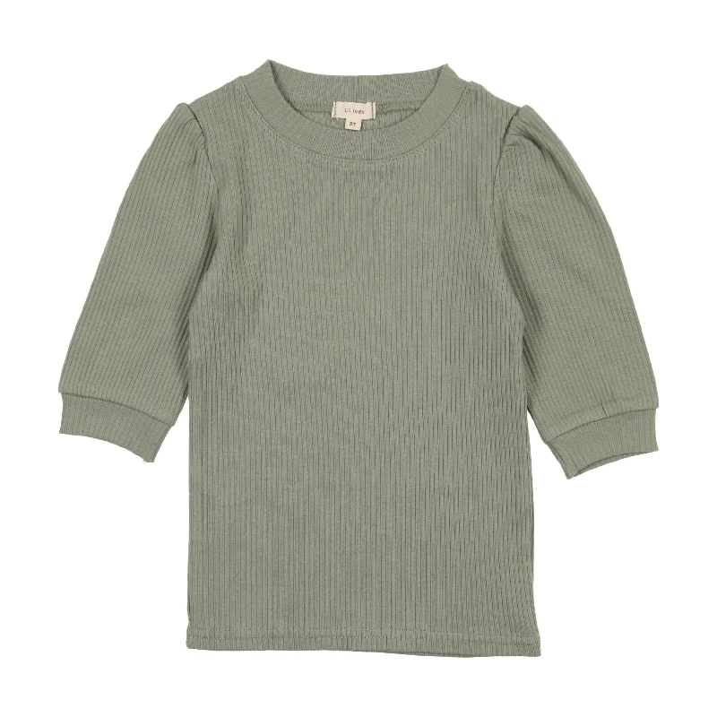 Lil Legs Ribbed Puff Sleeve T-Shirt Three Quarter Sleeve - Green