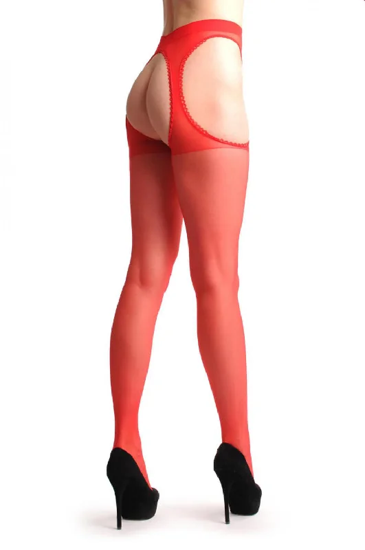 Red Stockings With Lace Trimmed Attached Suspender Belt